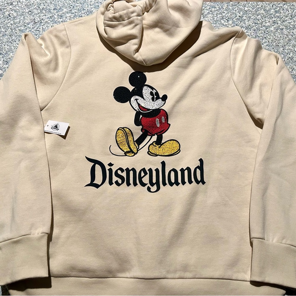 Rhinestone Mickey Mouse Disneyland Park Zip Up Hoodie Beige XL New Sweatshirt